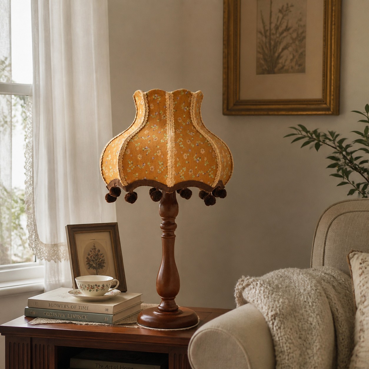 Vintage fabric table lamp beside a reading chair and window