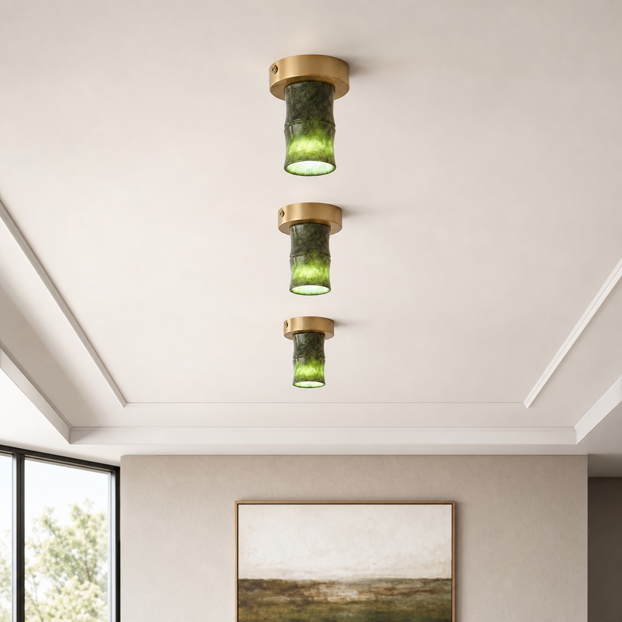 Three Jade Lamps ceiling lamps arranged along a room