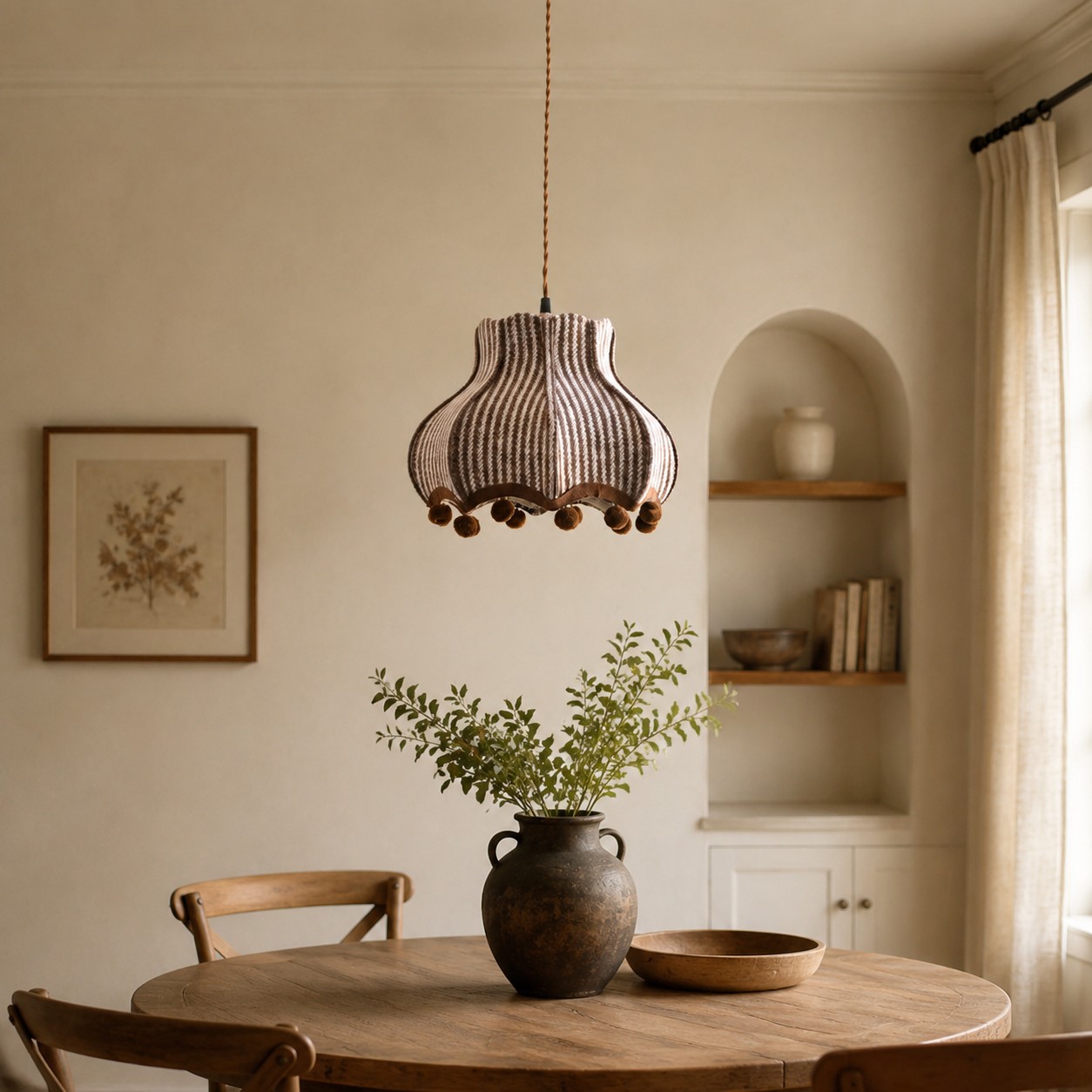 Striped fabric pendant lamp above a dining nook