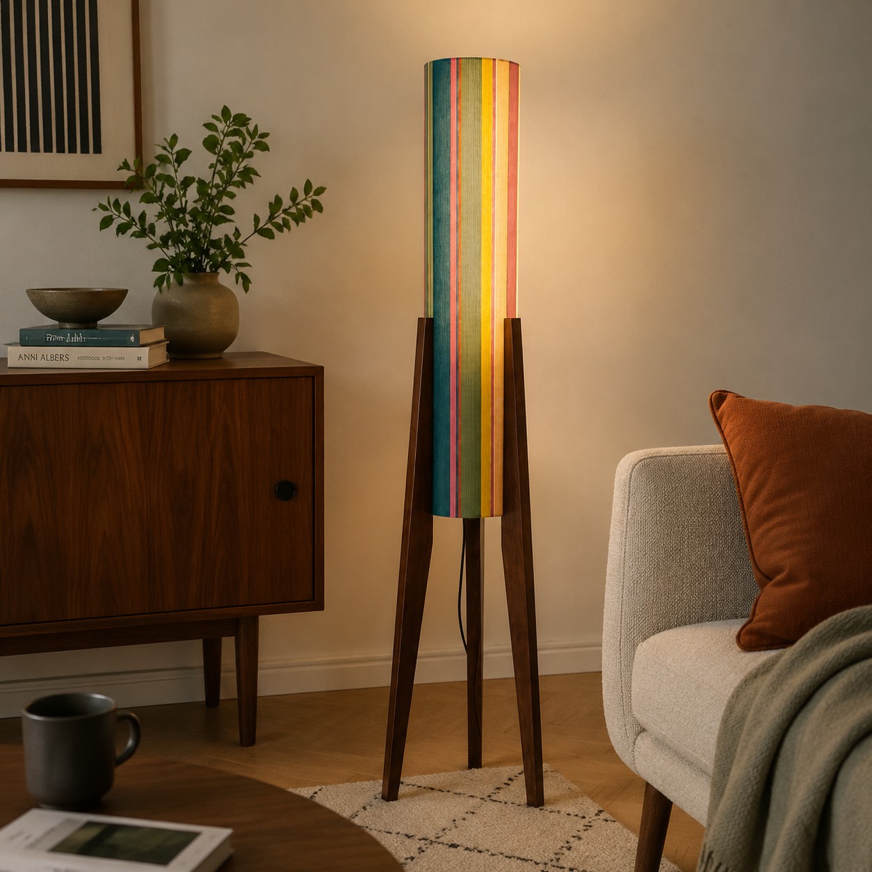 Emerald mosaic tripod floor lamp styled in a living room