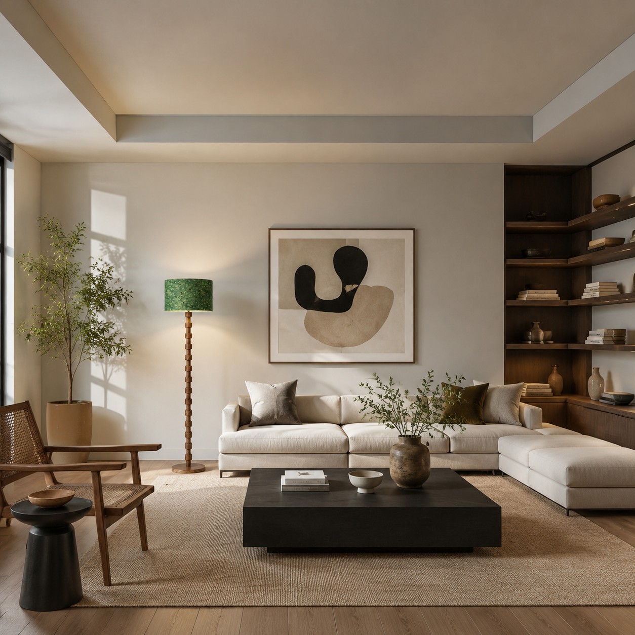 Wood floor lamp beside a neutral living room sofa