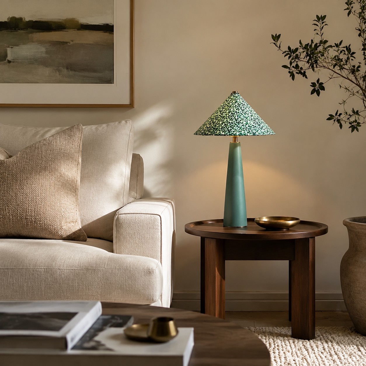Green floral table lamp beside a sofa