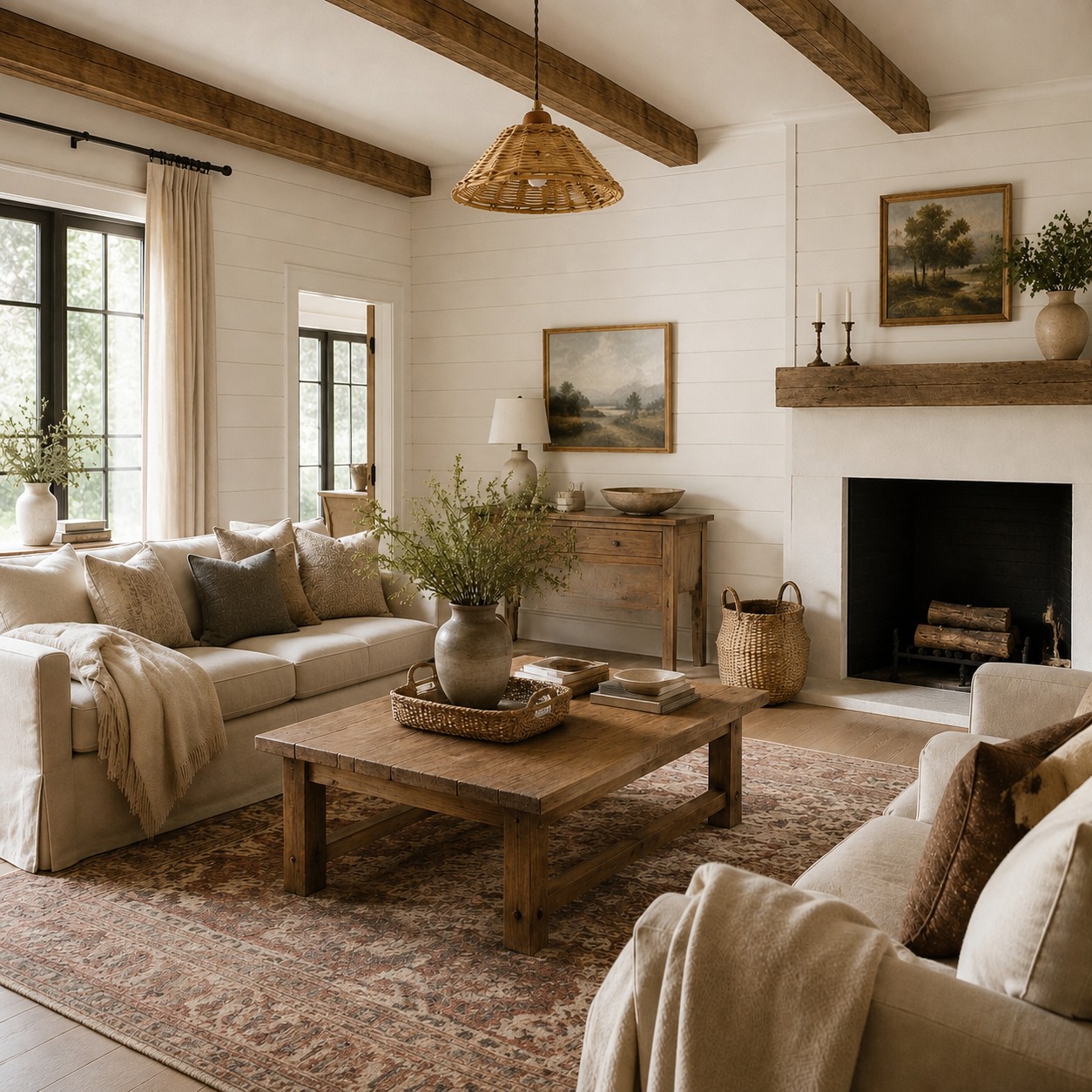 Natural rattan pendant lamp in a calm country style room