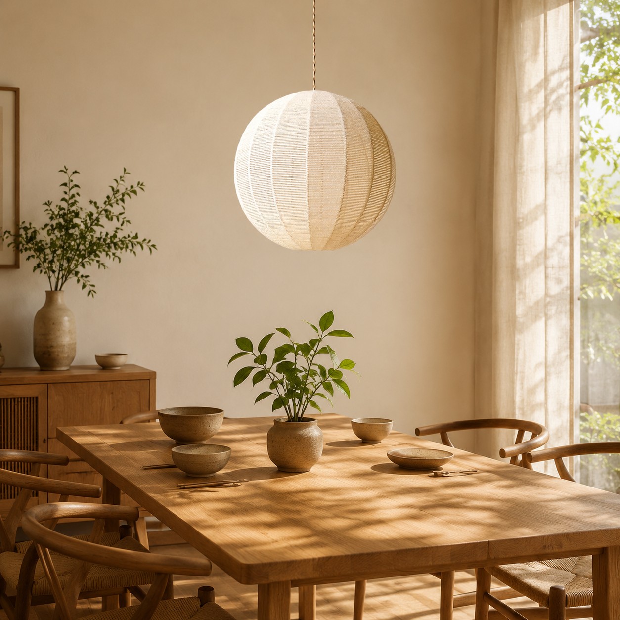 Handwoven globe pendant light above a dining table