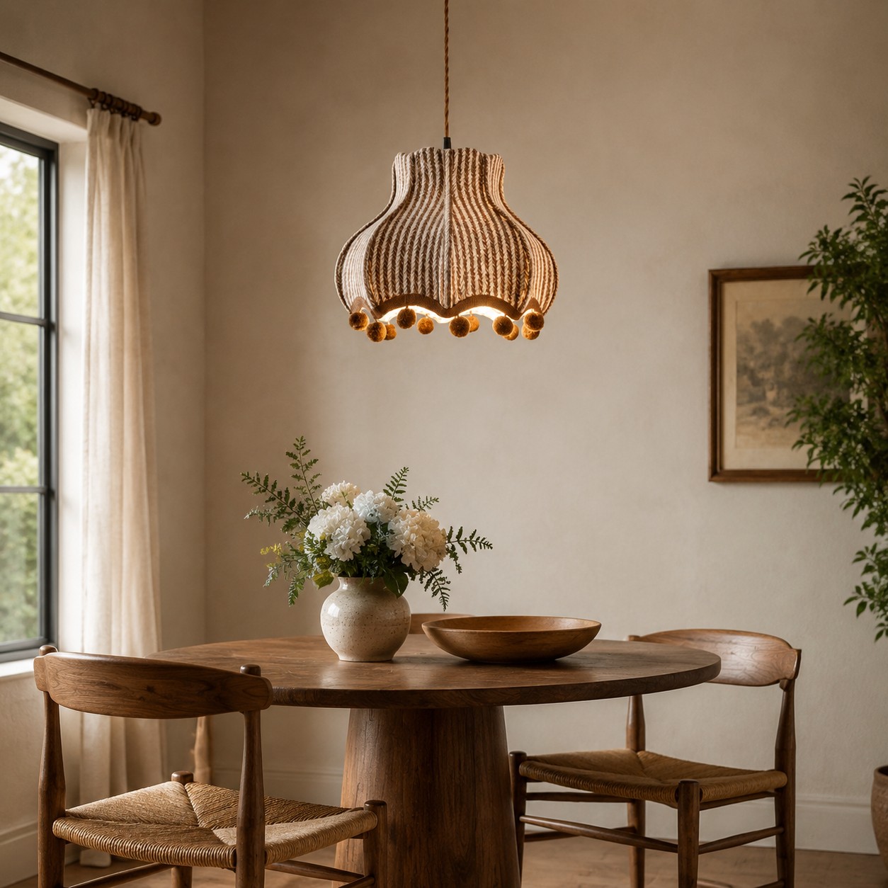 Striped fabric pendant lamp installed above a wood dining table