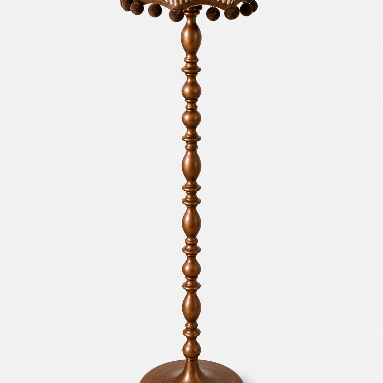 Close-up of sculpted wood-tone finish on the vintage floor lamp pole