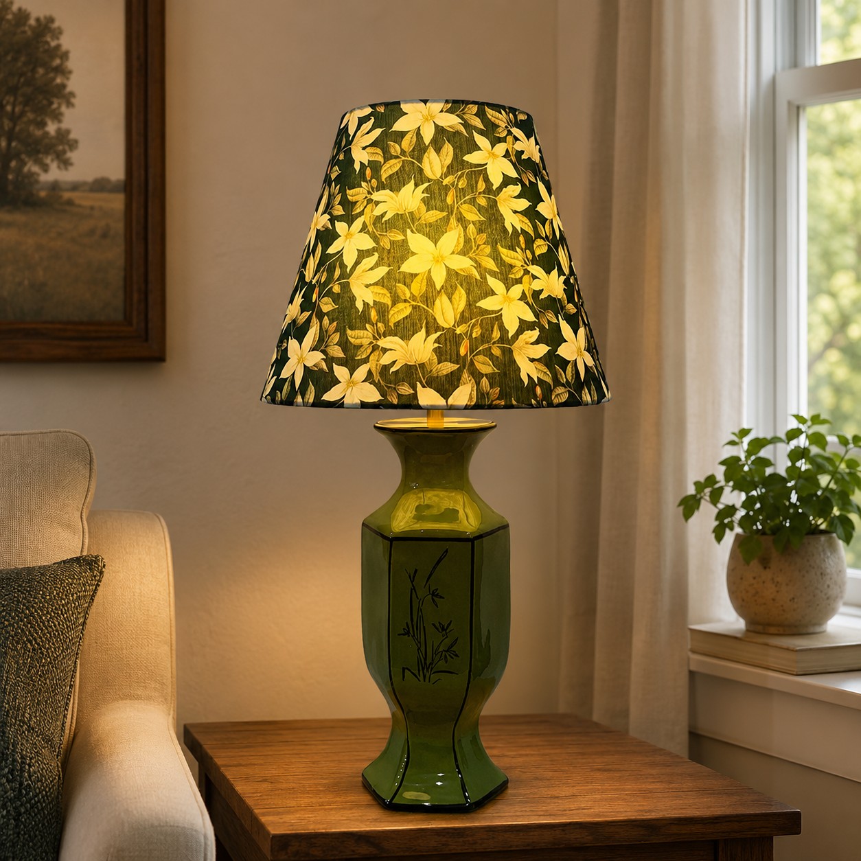 Zijaanzicht van vintage groene keramische tafellamp