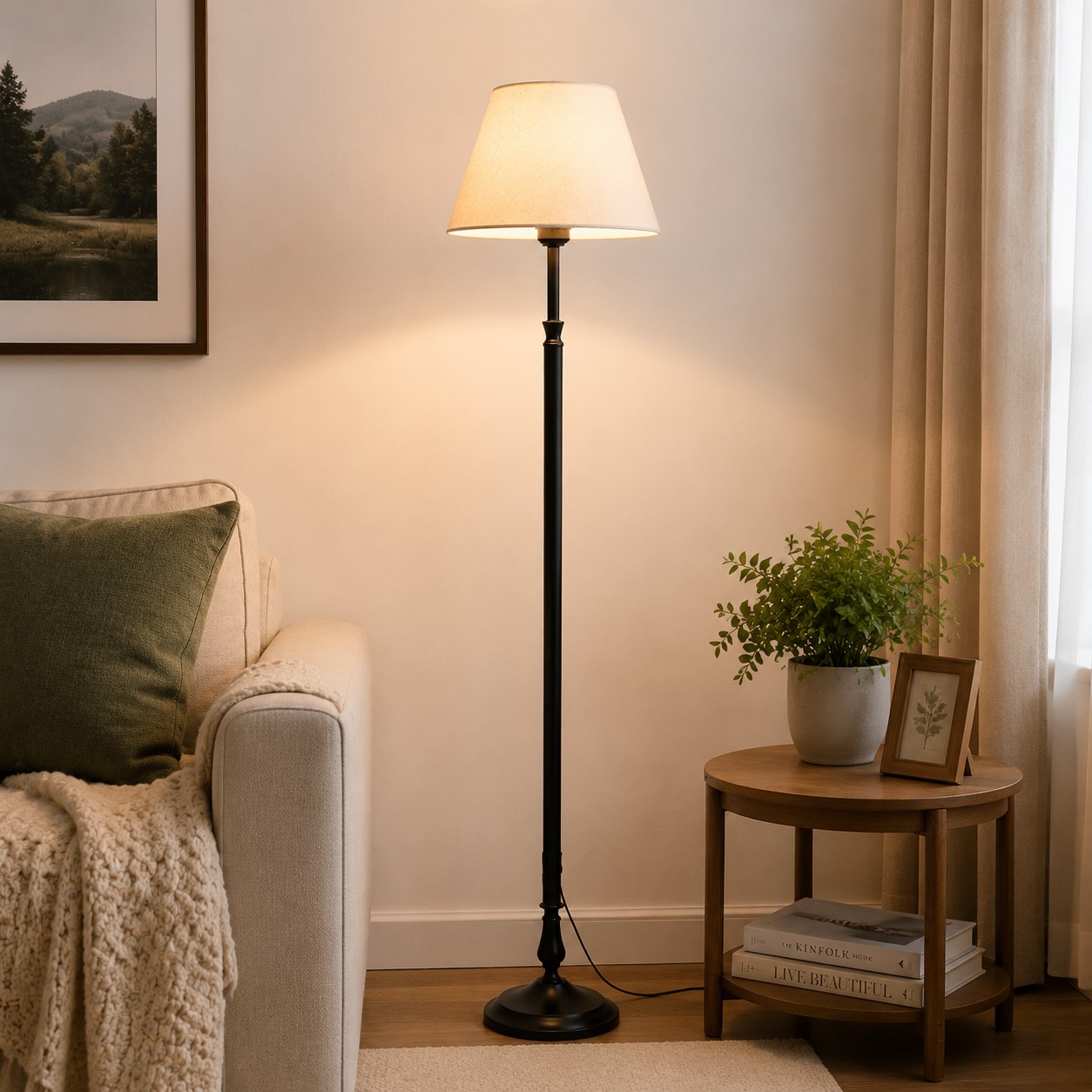 Vintage black floor lamp shown in a quiet evening interior