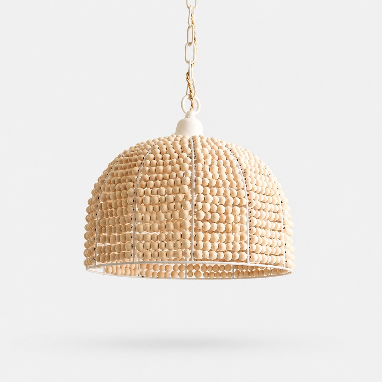 Natural wood bead wabi-sabi dome pendant light front view