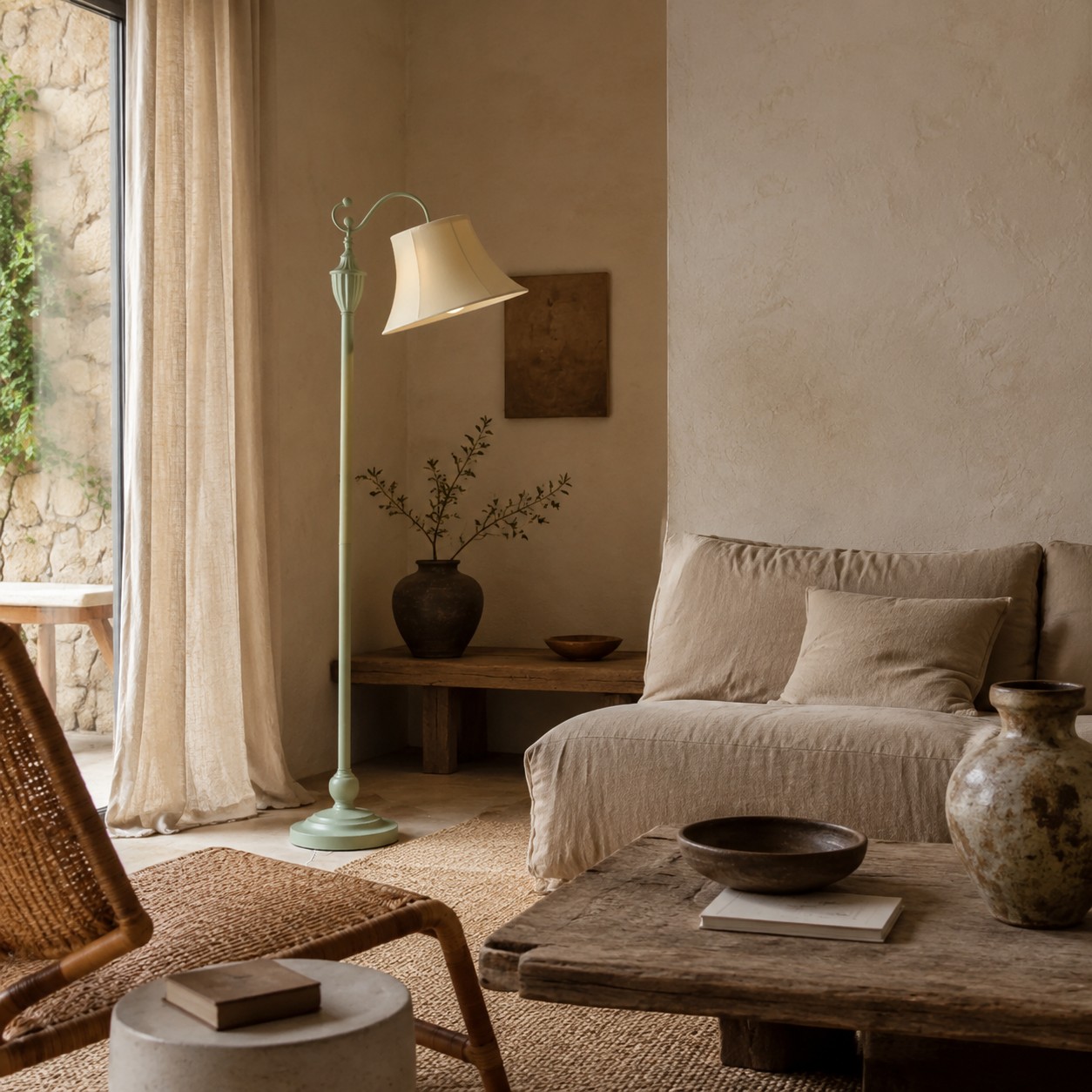 Sage green floor lamp beside a linen sofa and window