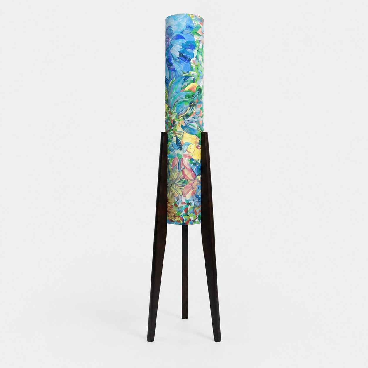 Blue botanical Liberty fabric tripod floor lamp with dark wood frame