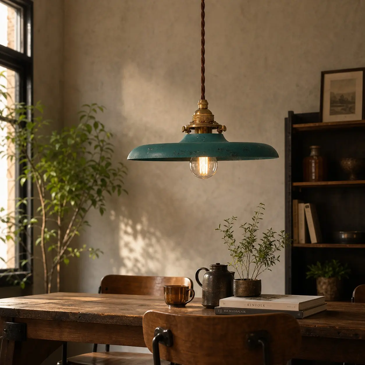 Distressed blue pendant light above a dining table