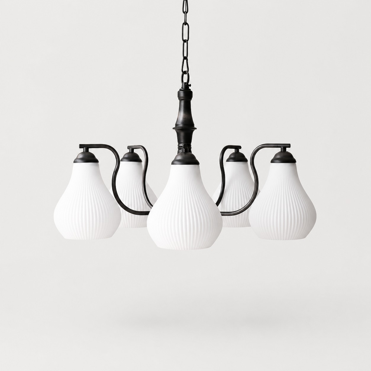 Vintage five-heads black iron chandelier with ribbed glass shades