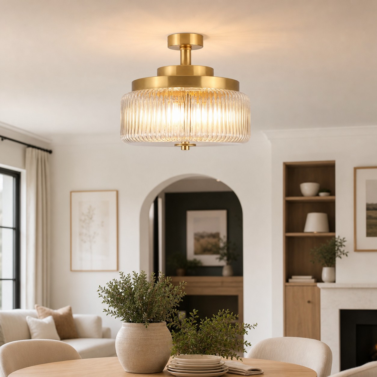 Antique Brass Ribbed Glass Ceiling Light