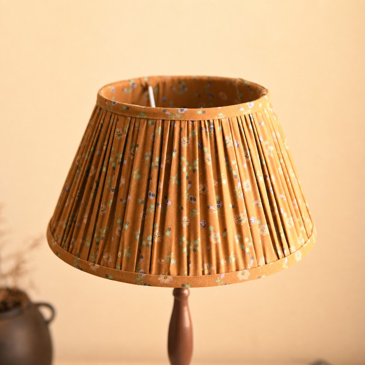 Gray orange floral pleated fabric shade detail