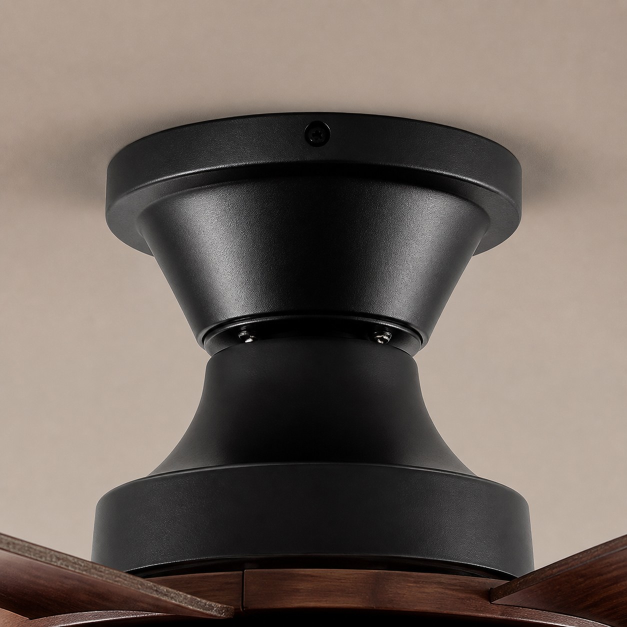 Black metal ceiling fan housing detail