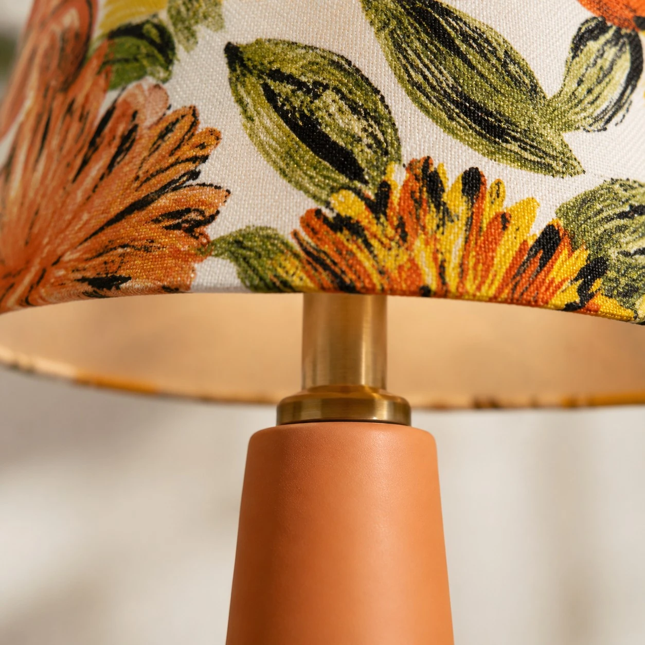 Liberty fabric shade edge and brass lamp holder detail