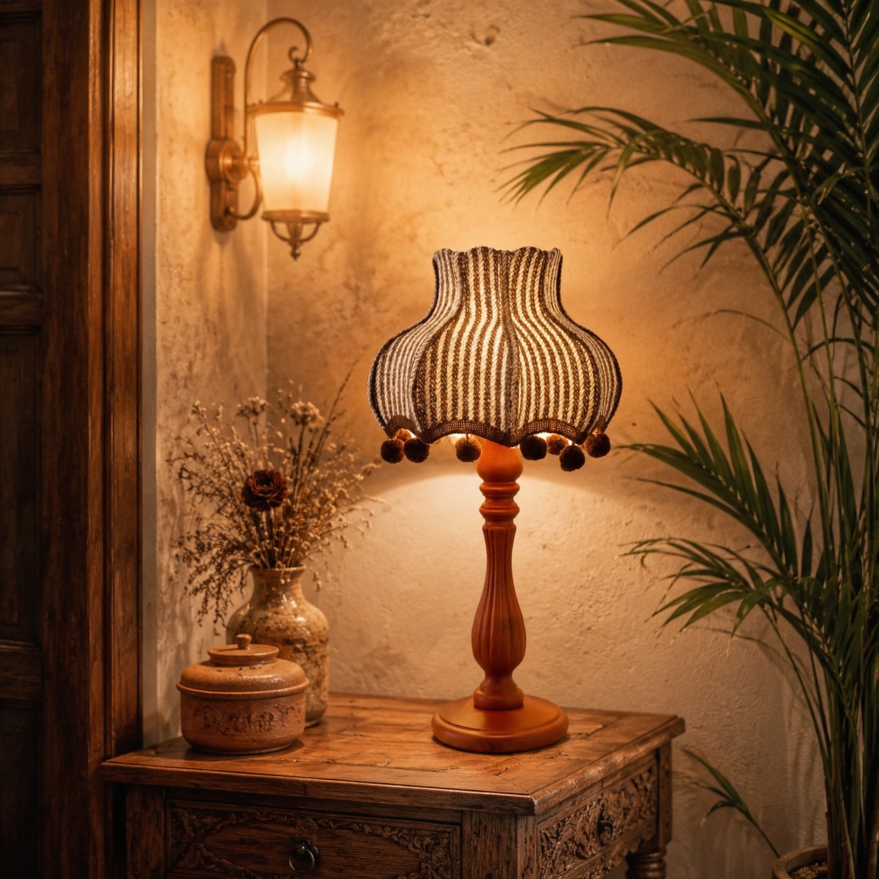 Vintage striped table lamp in a warm living room corner