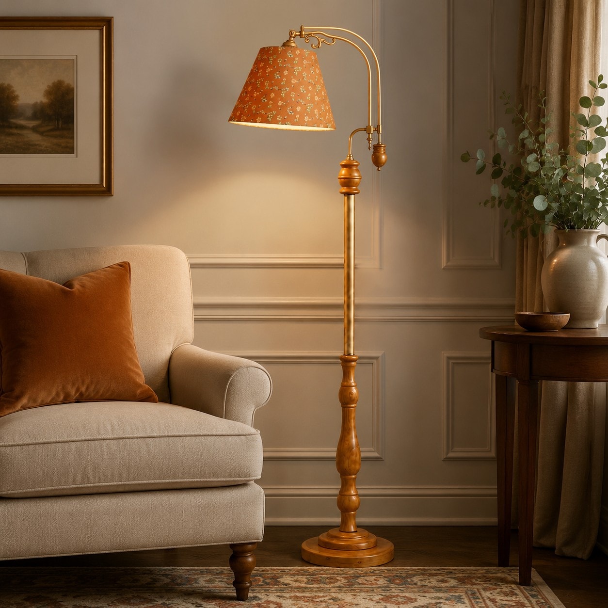 Autumn wood and fabric floor lamp beside a lounge chair