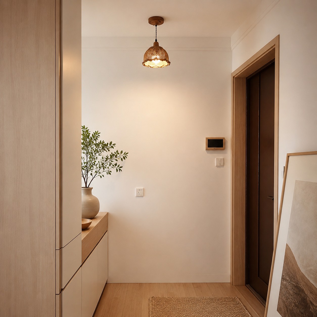 Woven pendant lamp in a calm entry space