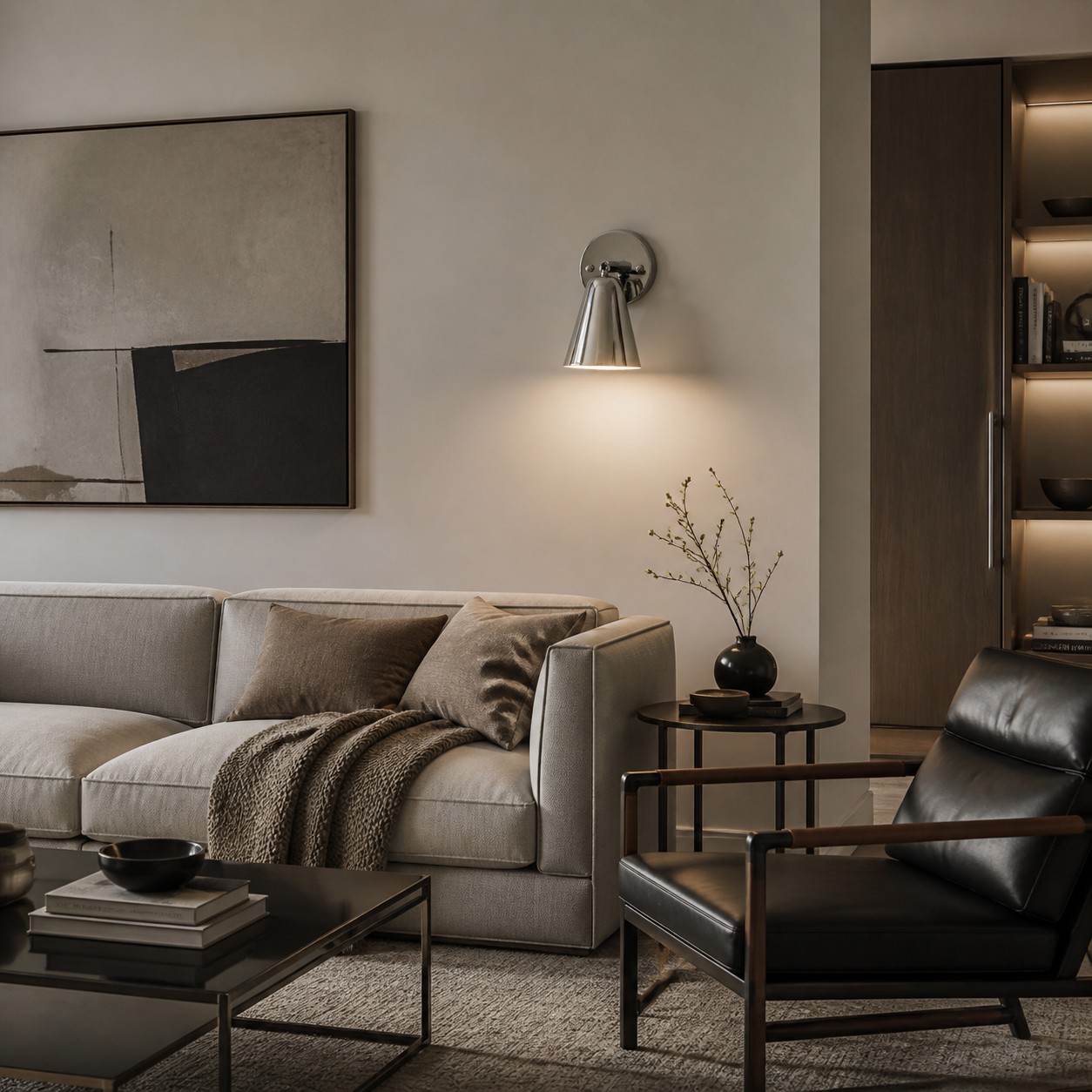 Chrome wall sconce installed in a living room