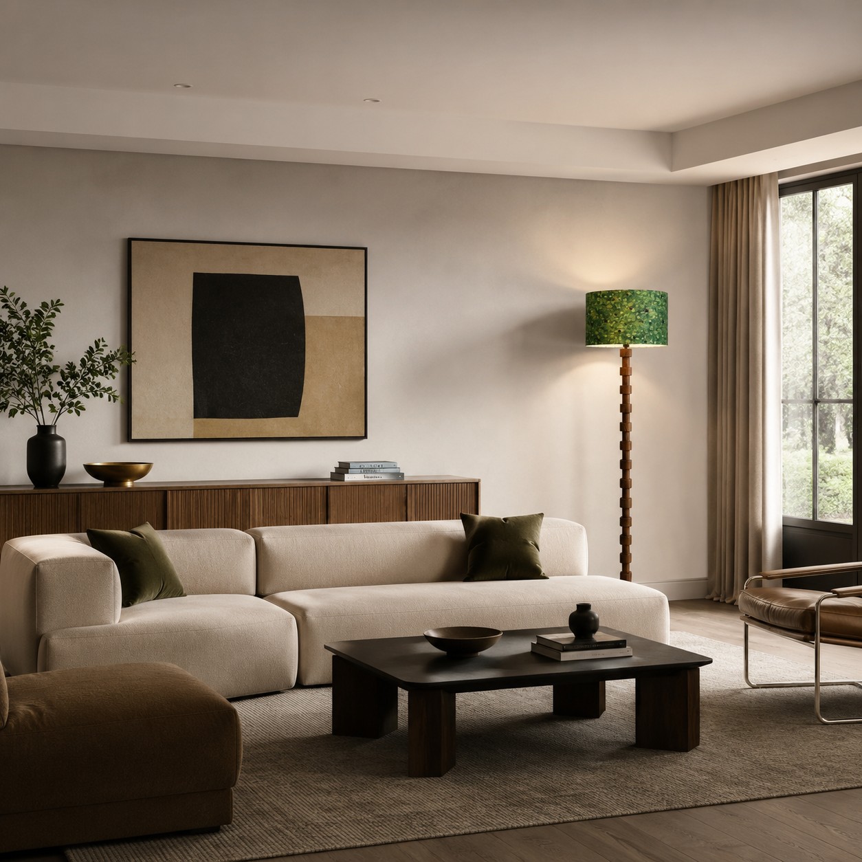 Patterned floor lamp in a warm lounge setting