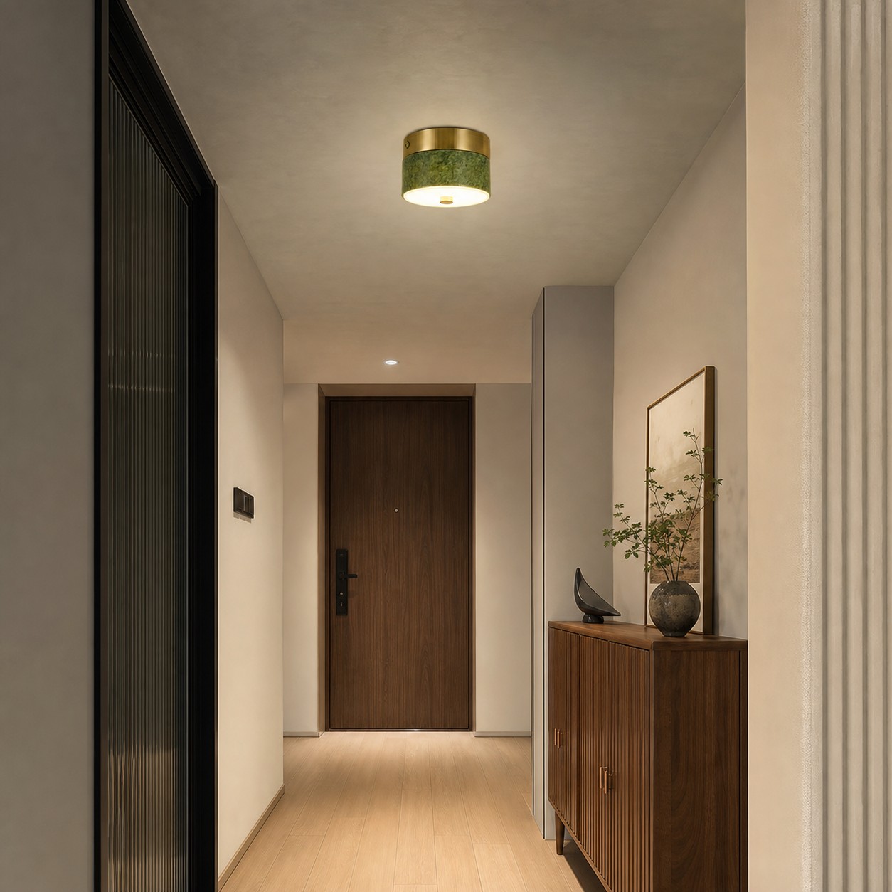 Green jade ceiling lamp installed in a hallway