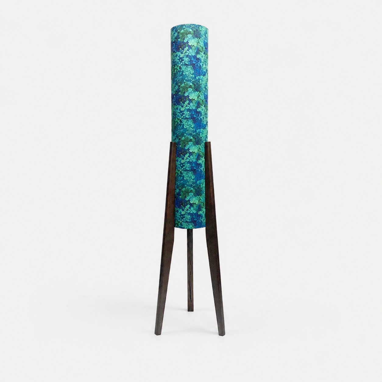 Emerald mosaic Liberty fabric tripod floor lamp with dark wood frame