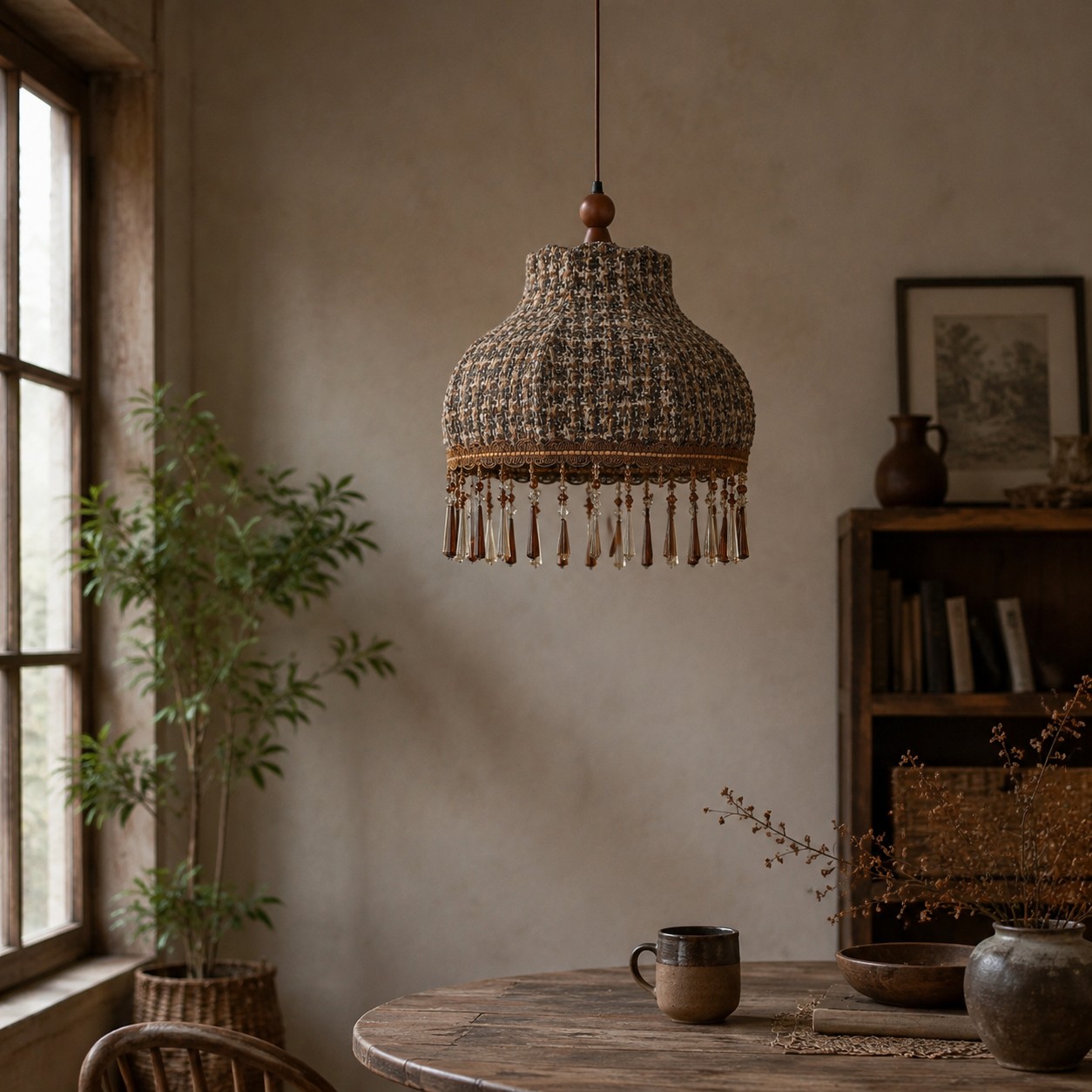 Fabric fringe pendant lamp dining room scene