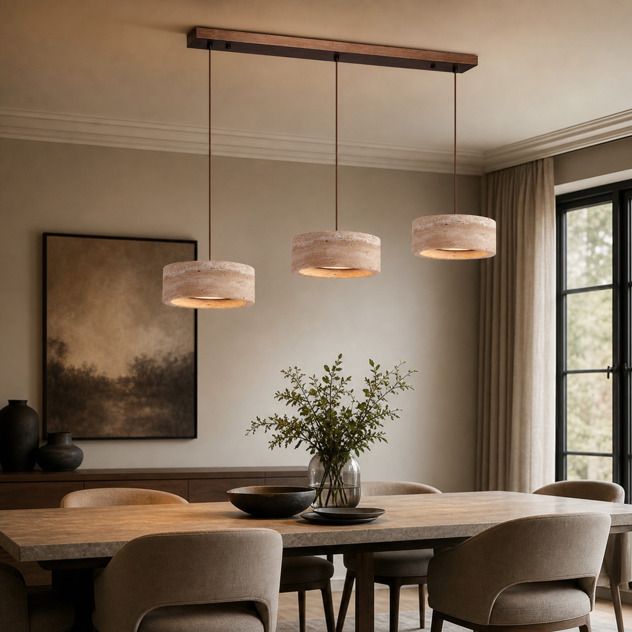Three-light yellow travertine pendant installed above a long dining table