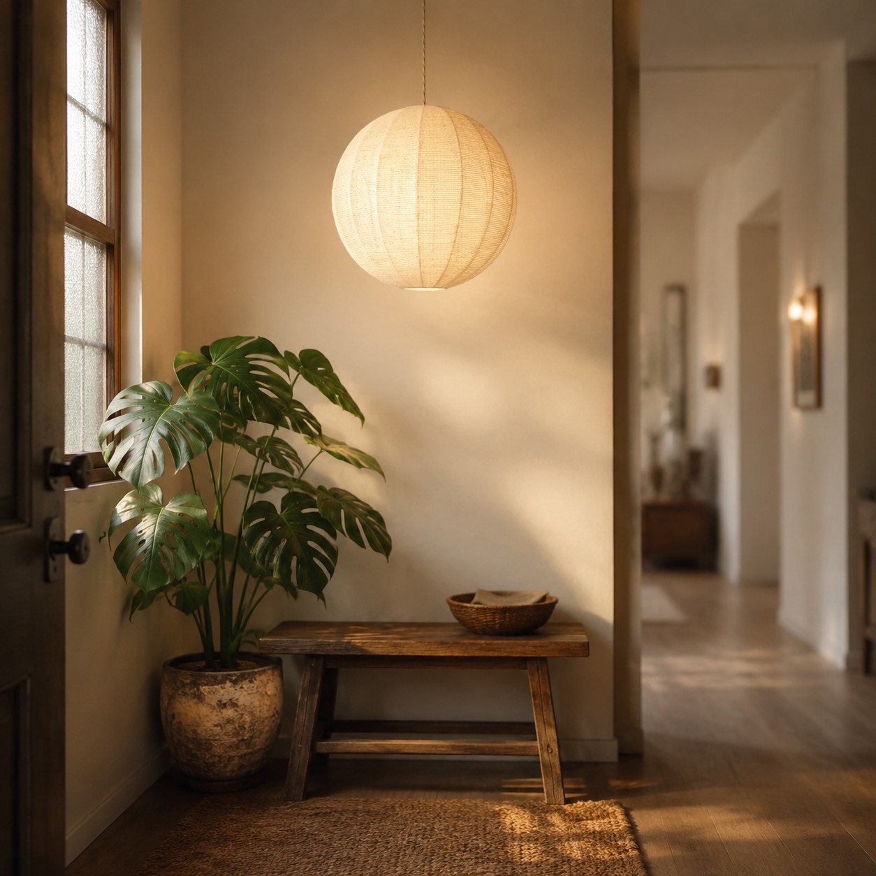 Handwoven globe pendant light in a warm hallway