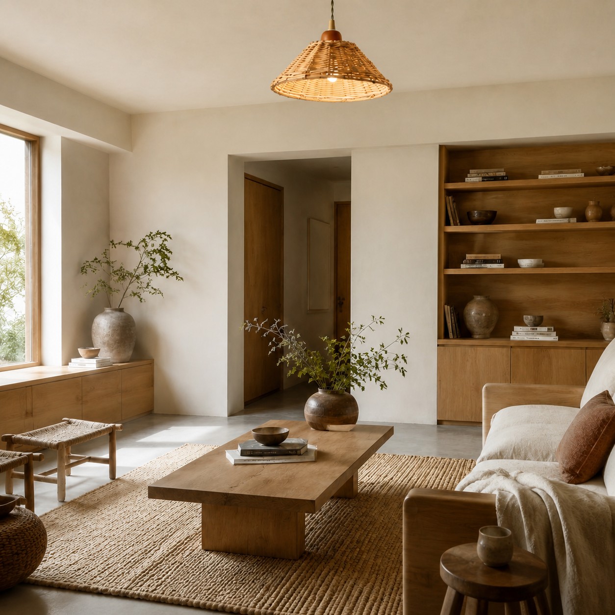 Woven rattan pendant lamp above a warm neutral lounge area