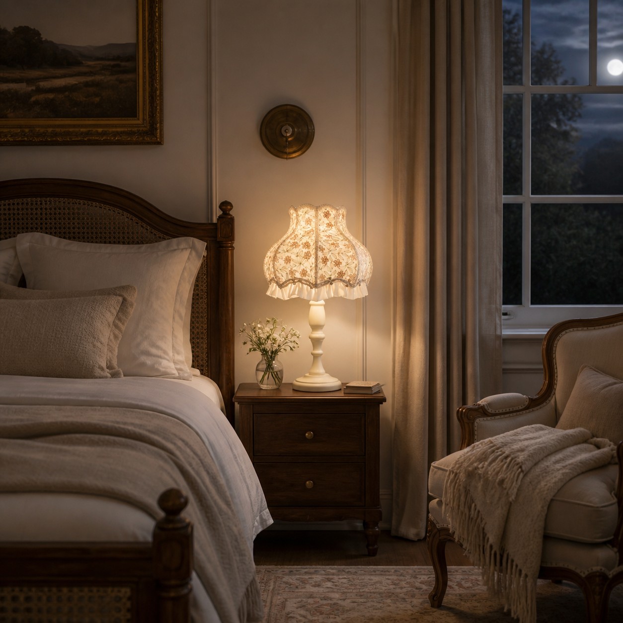 Embroidered floral table lamp in a bedroom at night