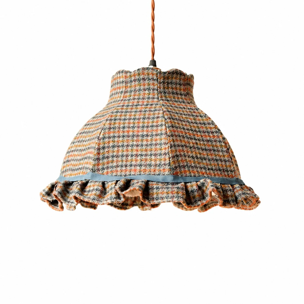 Vintage French Plaid Tweed Fabric Pendant Light
