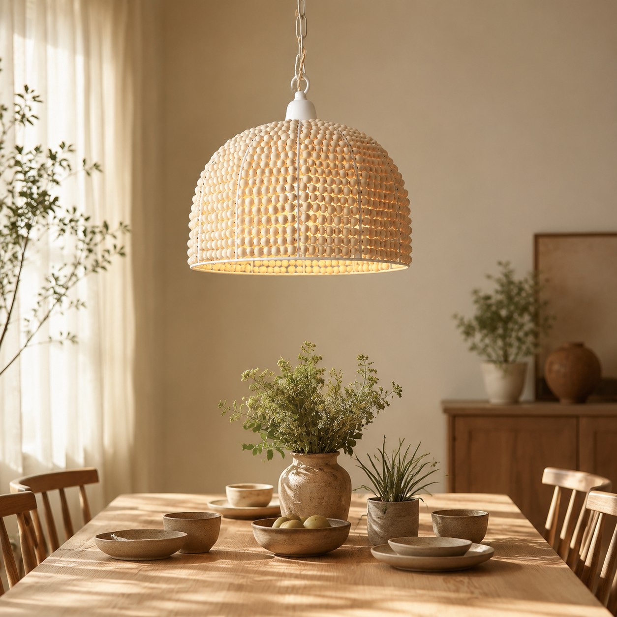 Natural wood bead pendant light above a dining table