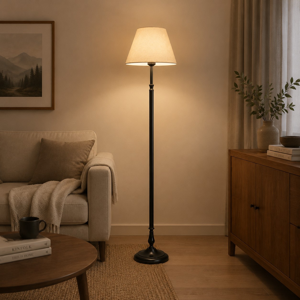Vintage floor lamp adding soft light beside a reading chair