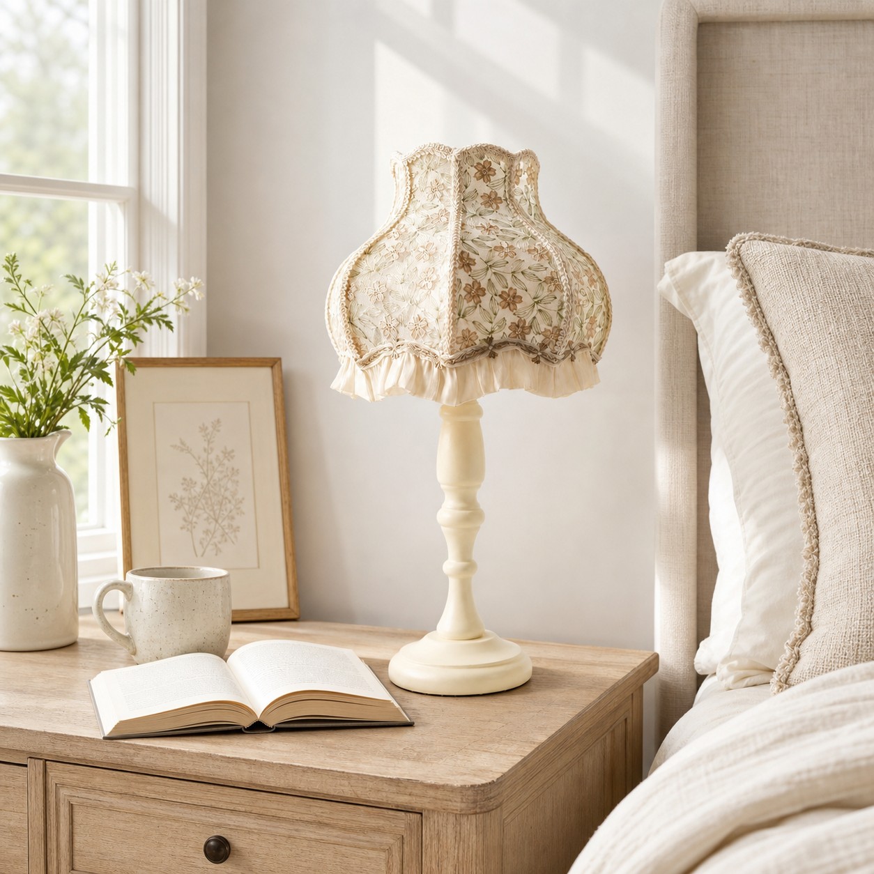 Embroidered floral table lamp beside a bed in daylight