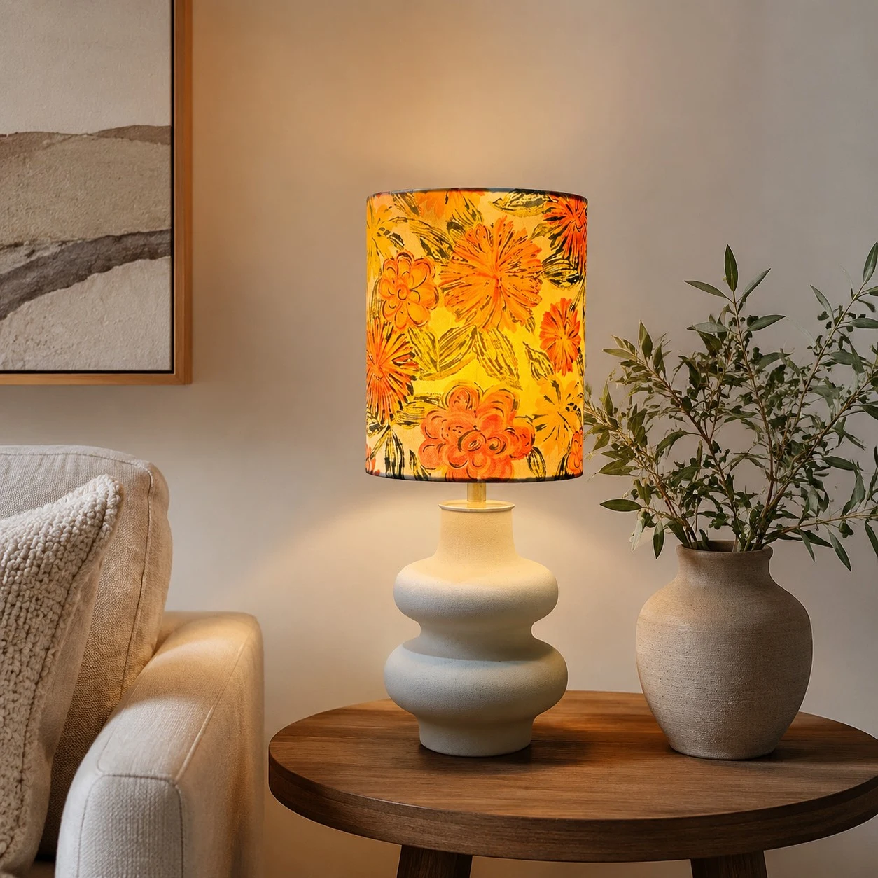 Liberty floral ceramic table lamp in a warm living room