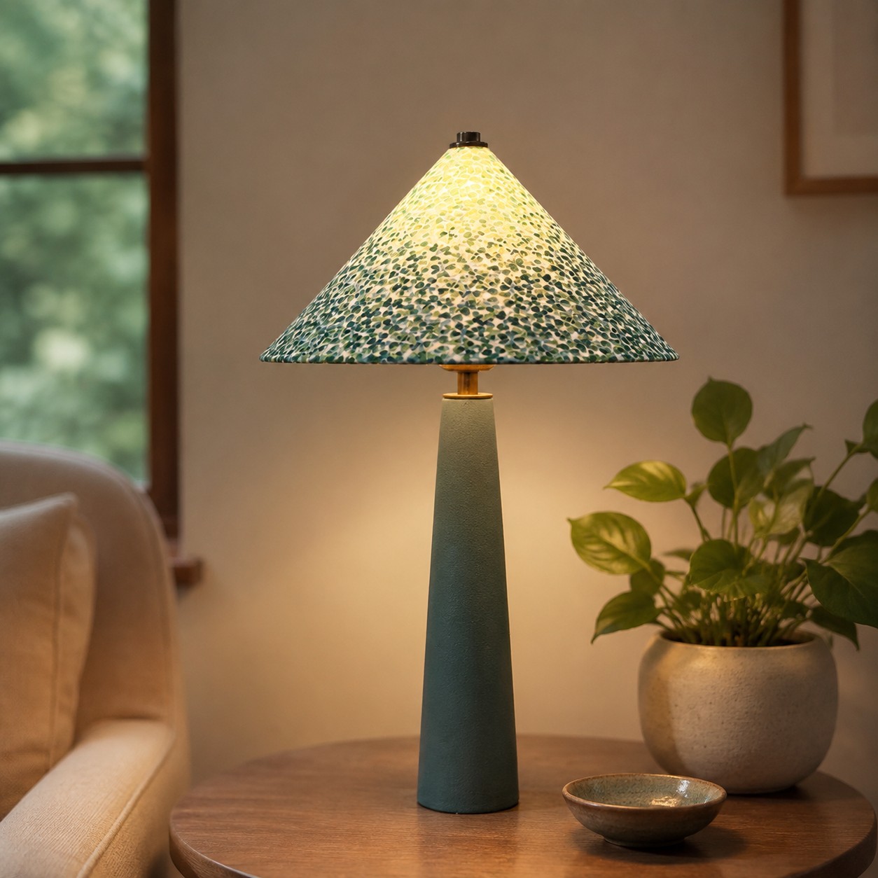 Floral shade ceramic table lamp styled on a side table
