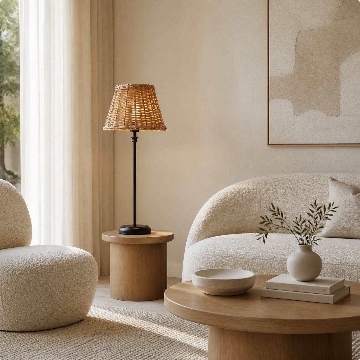 Rattan table lamp in a light natural living room