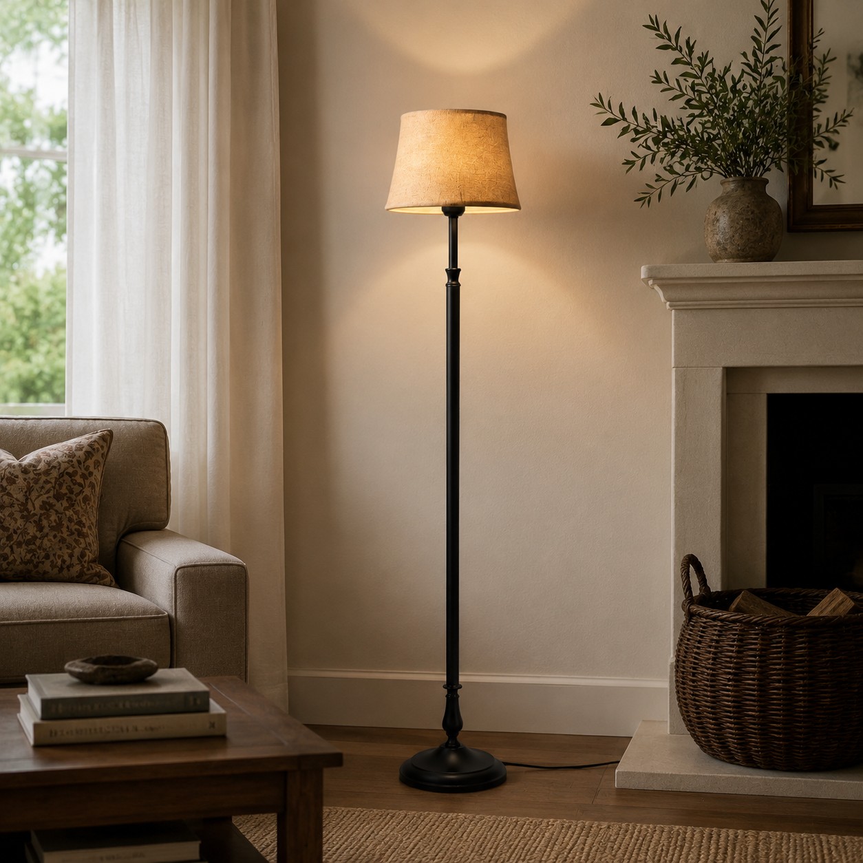 Patterned shade floor lamp in a relaxed home setting