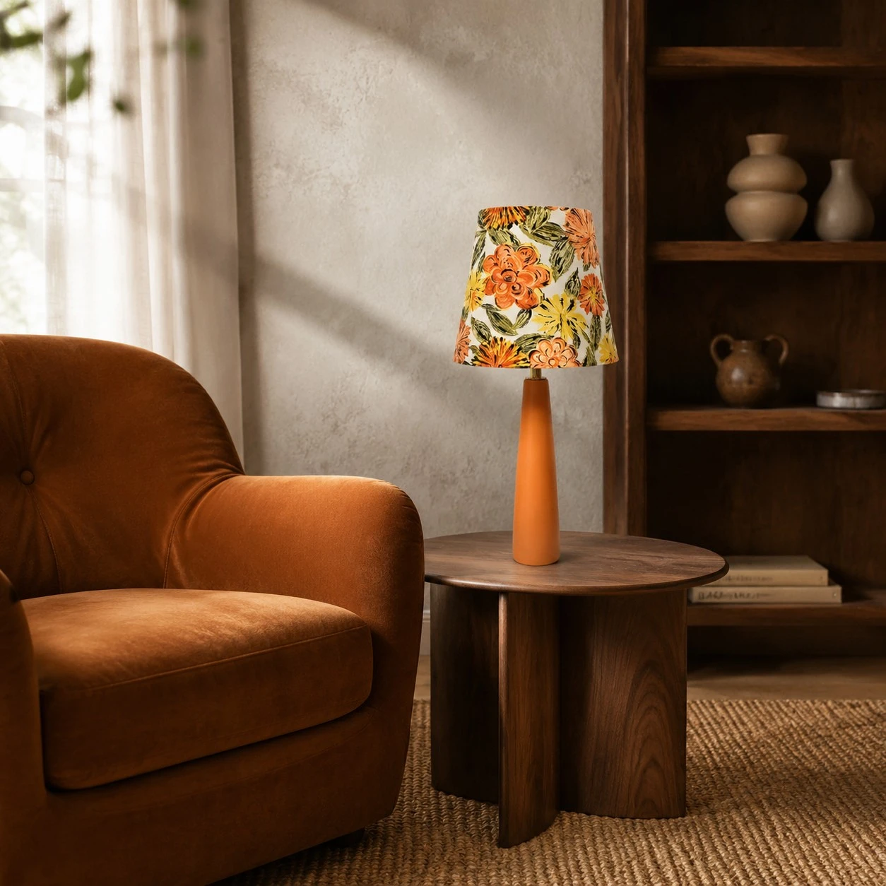 Art Floral ceramic table lamp beside a lounge chair