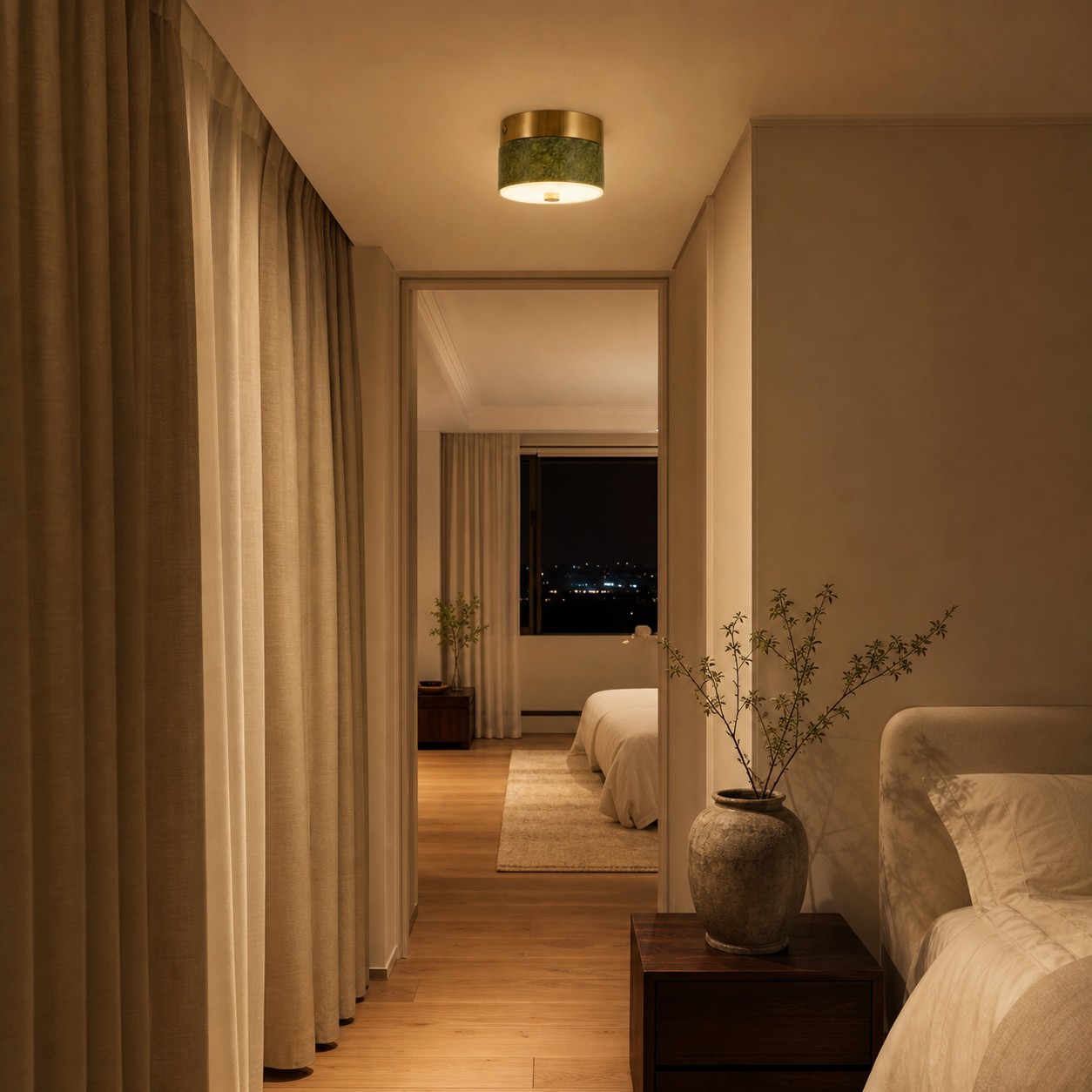 Green jade flush mount ceiling lamp beside a bedroom walkway