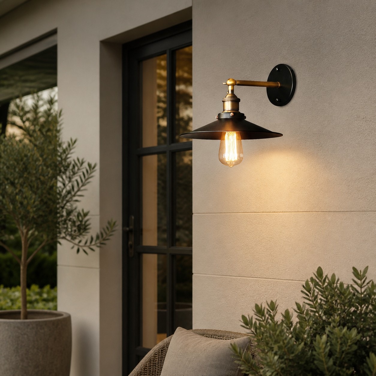 Vintage industrial wall lamp on patio exterior wall