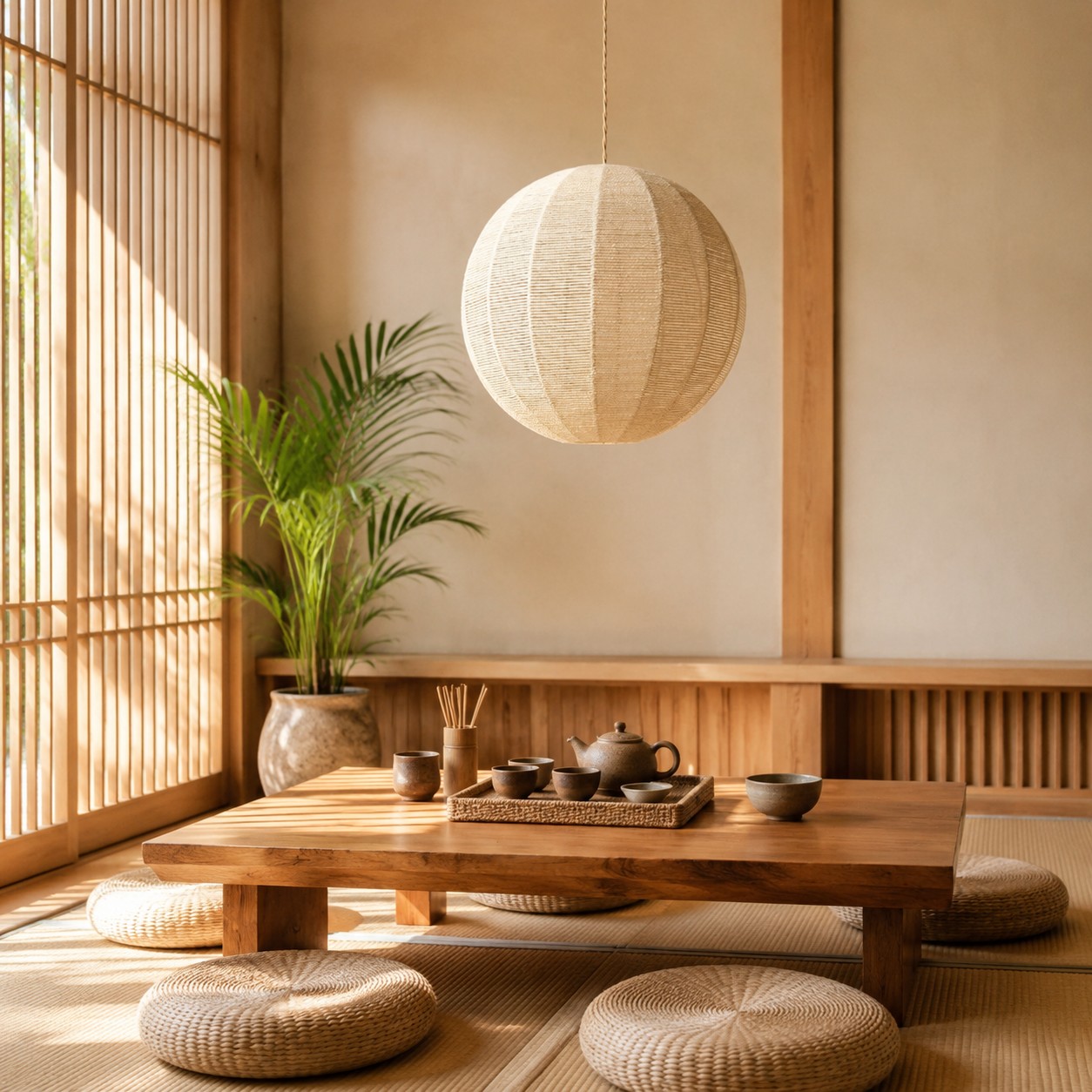 Handwoven globe pendant light in a natural tea room