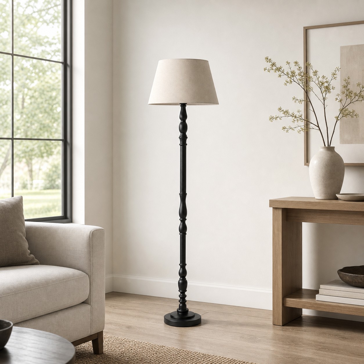 Turned-Wood Floor Lamp with Fabric Shade