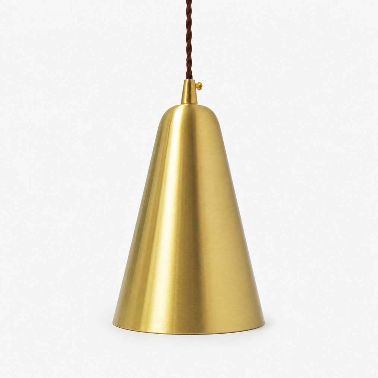 Tapered natural brass mini pendant light on a white background