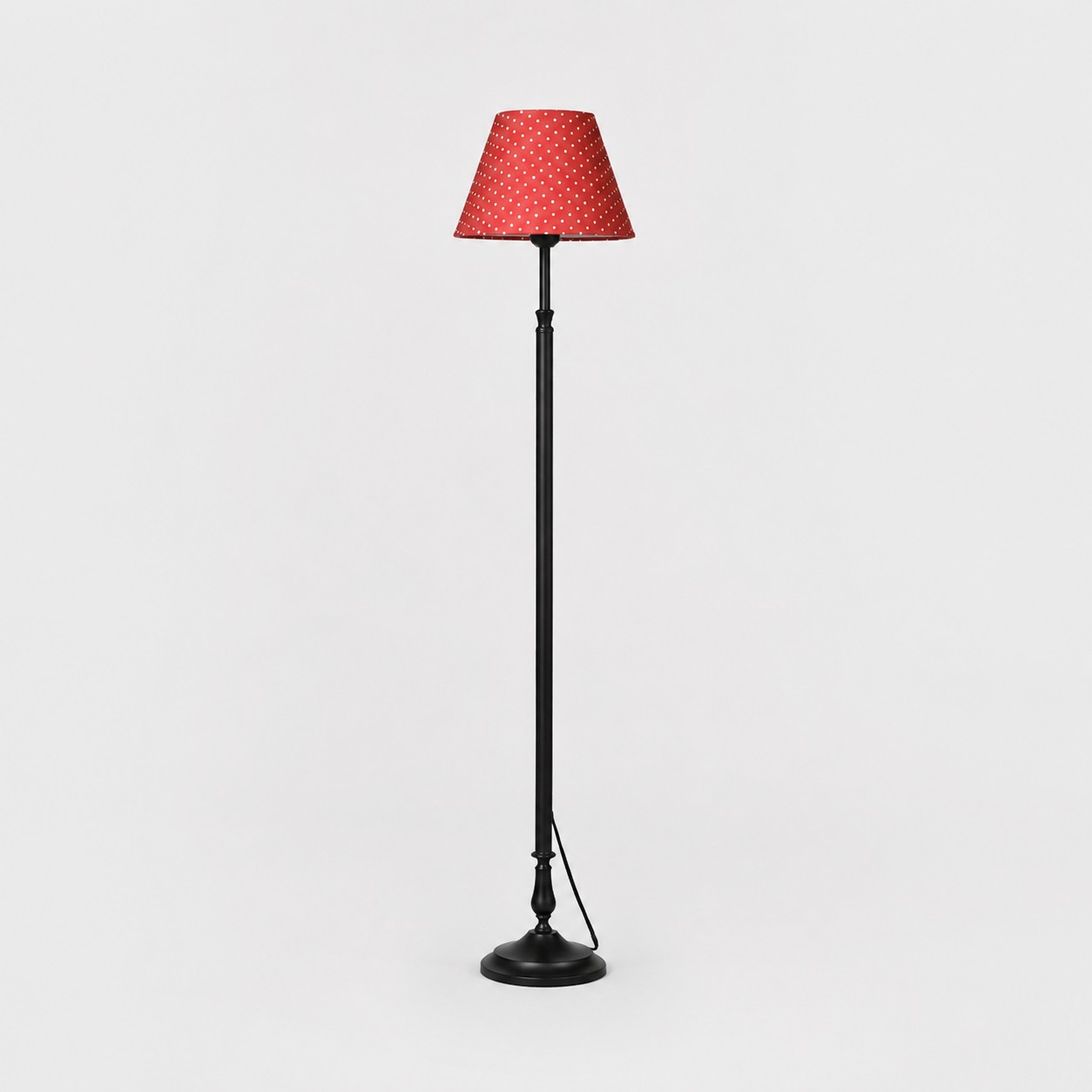 Vintage black iron floor lamp with vintage red polka dot shade