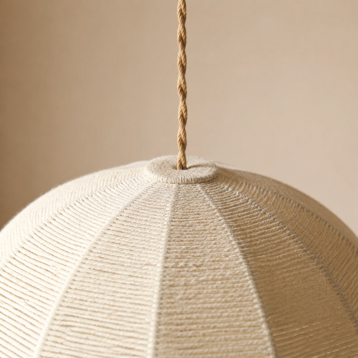 Top connection and shade ribs of handwoven pendant light