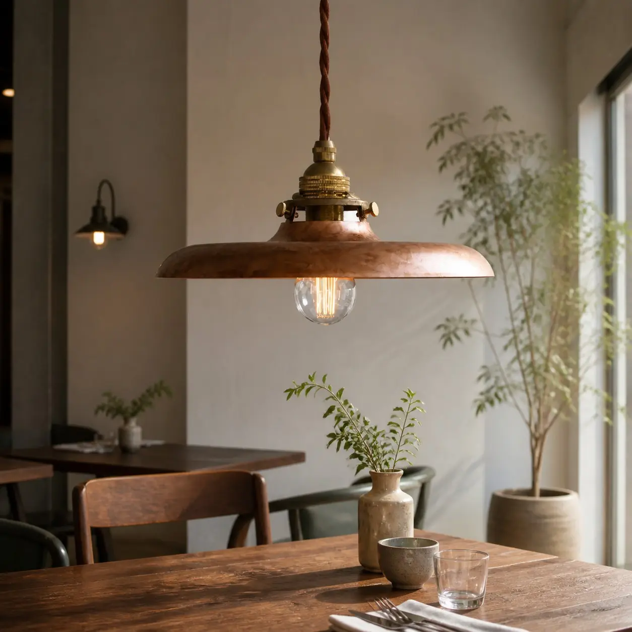 Distressed gold pendant light in a dining room